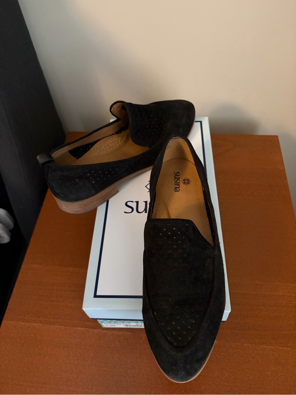 Susina Black Perforated Suede Loafers for Women